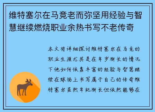 维特塞尔在马竞老而弥坚用经验与智慧继续燃烧职业余热书写不老传奇 维特塞尔在马竞老而弥坚用经验与智慧继续燃烧职业余热书写不老传奇